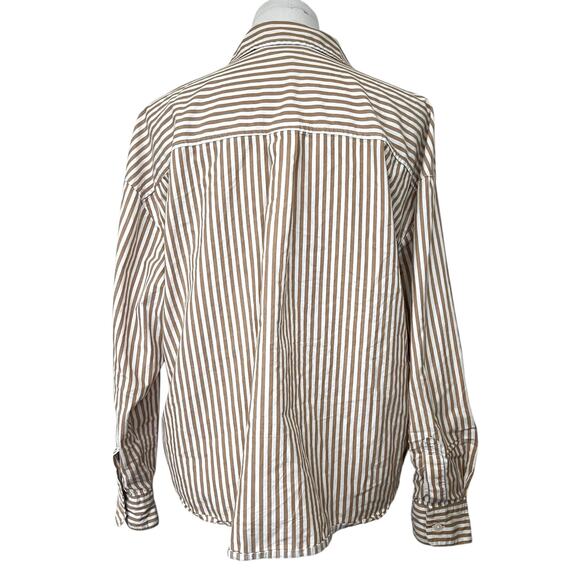 Old Navy Boyfriend Shirt Tan White Stripe Long Sleeve Cotton Button Up Womens L - Picture 5 of 8